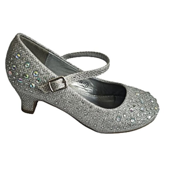 👧✨Lucky Top Kid Girls Sparkling Mary Jane Rhinestone Silver Glitter Dress Shoes - Picture 3 of 5